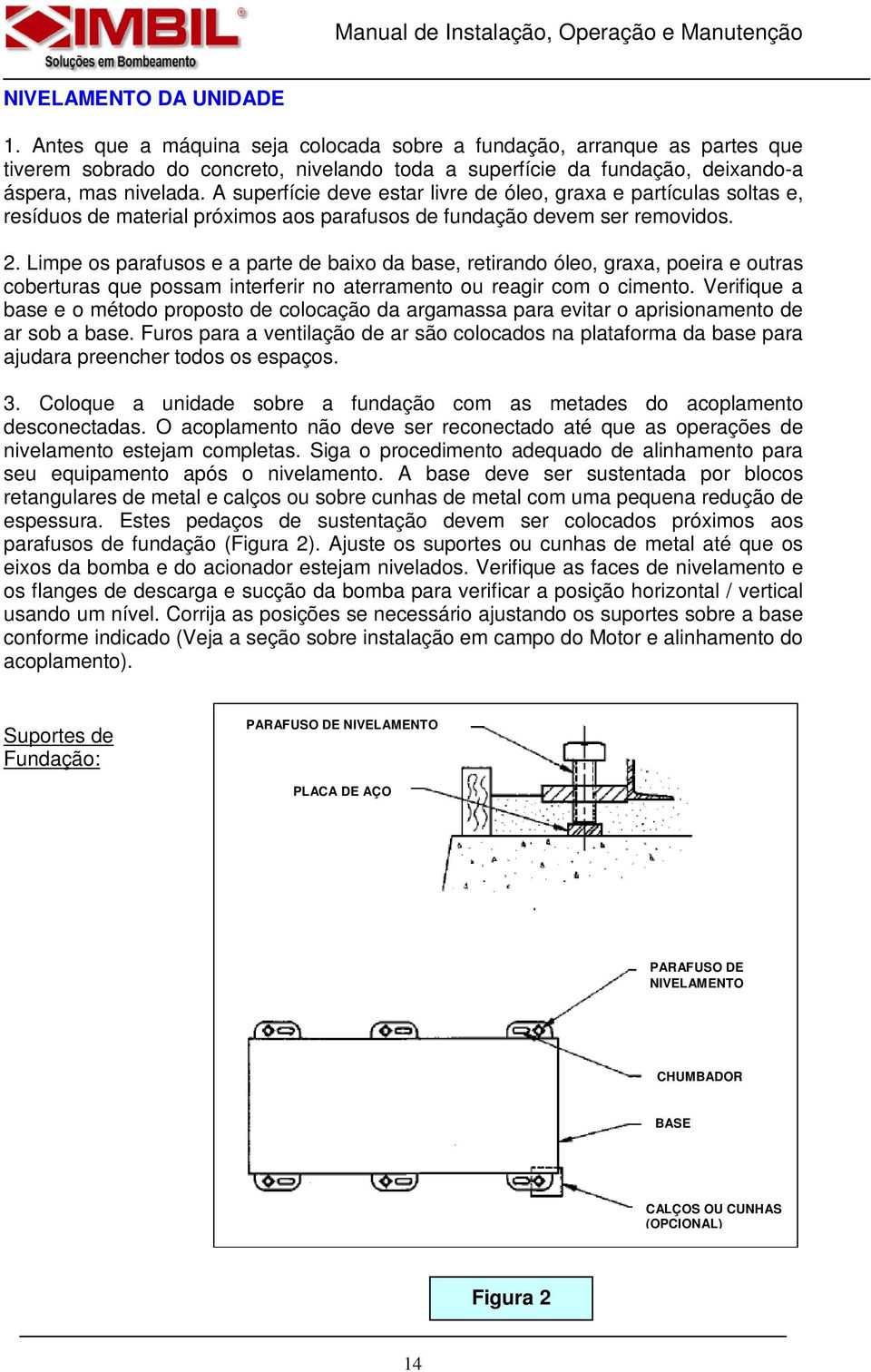 A superfície deve estar livre de óleo, graxa e partículas soltas e, resíduos de material próximos aos parafusos de fundação devem ser removidos. 2.