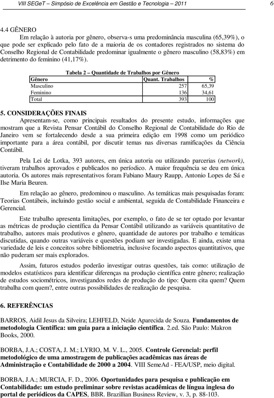 de Contabilidade predominar igualmente o gênero masculino (58,83%) em detrimento do feminino (41,17%). Tabela 2 Quantidade de Trabalhos por Gênero Gênero Quant.