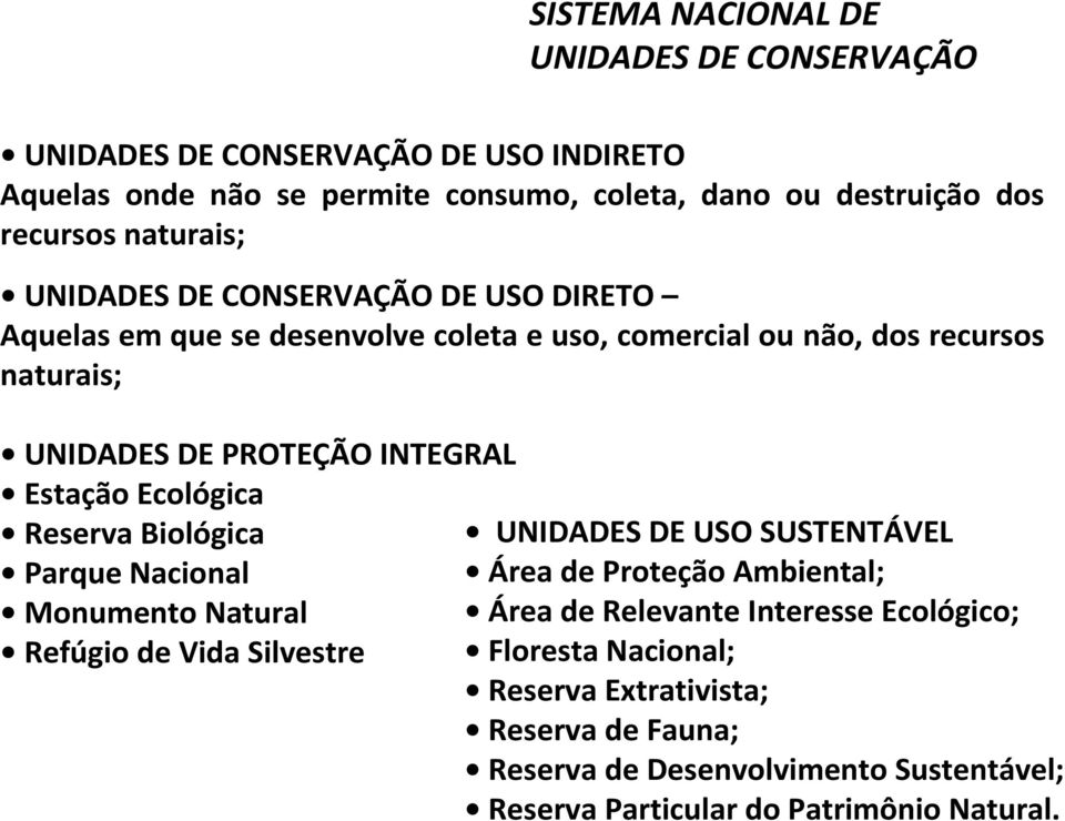 DE USO SUSTENTÁVEL Parque Nacional Área de Proteção Ambiental; Monumento Natural Área de Relevante Interesse Ecológico; Refúgio de Vida