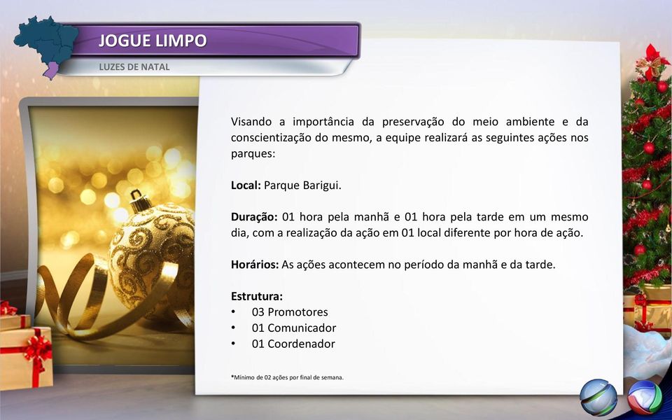 Duração: 01 hora pela manhã e 01 hora pela tarde em um mesmo dia, com a realização da ação em 01 local diferente