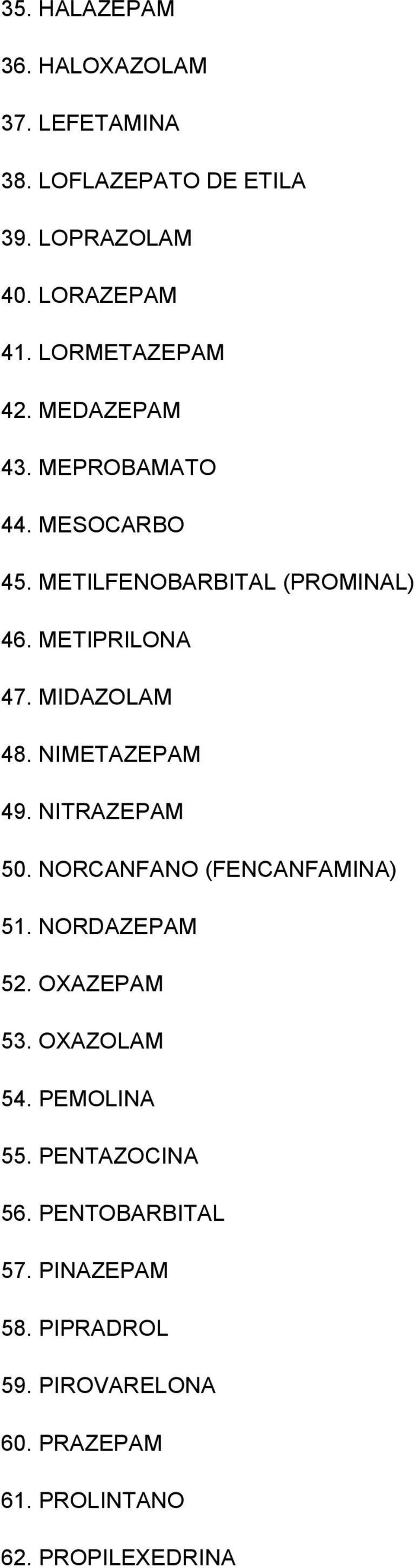 MIDAZOLAM 48. NIMETAZEPAM 49. NITRAZEPAM 50. NORCANFANO (FENCANFAMINA) 51. NORDAZEPAM 52. OXAZEPAM 53. OXAZOLAM 54.