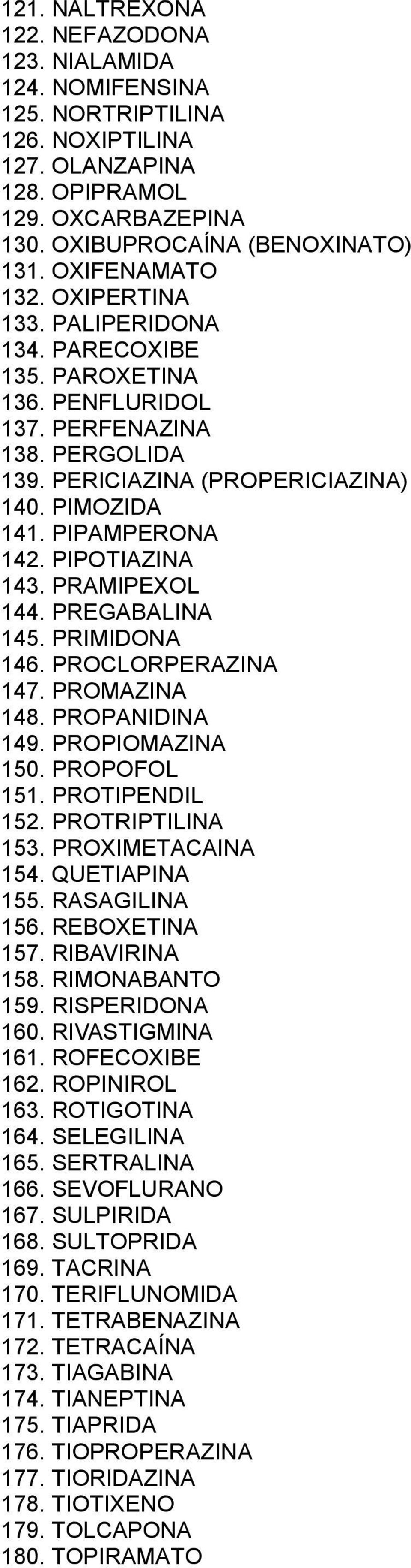 PIPOTIAZINA 143. PRAMIPEXOL 144. PREGABALINA 145. PRIMIDONA 146. PROCLORPERAZINA 147. PROMAZINA 148. PROPANIDINA 149. PROPIOMAZINA 150. PROPOFOL 151. PROTIPENDIL 152. PROTRIPTILINA 153.