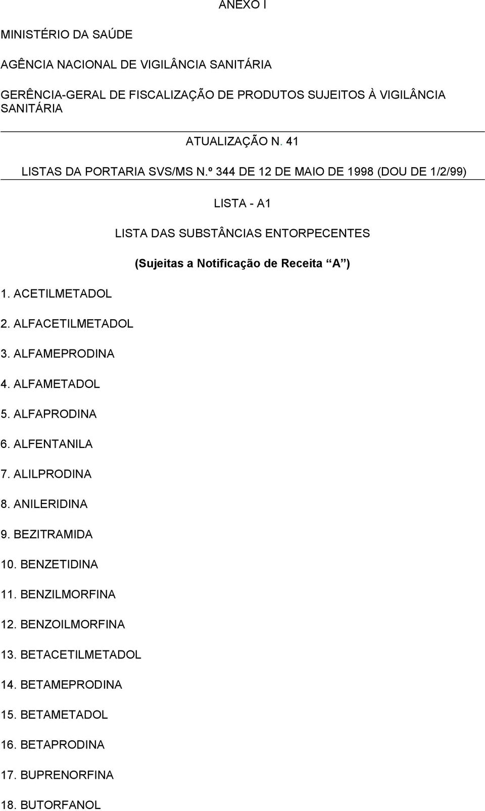 º 344 DE 12 DE MAIO DE 1998 (DOU DE 1/2/99) LISTA - A1 LISTA DAS SUBSTÂNCIAS ENTORPECENTES (Sujeitas a Notificação de Receita A ) 1. ACETILMETADOL 2.