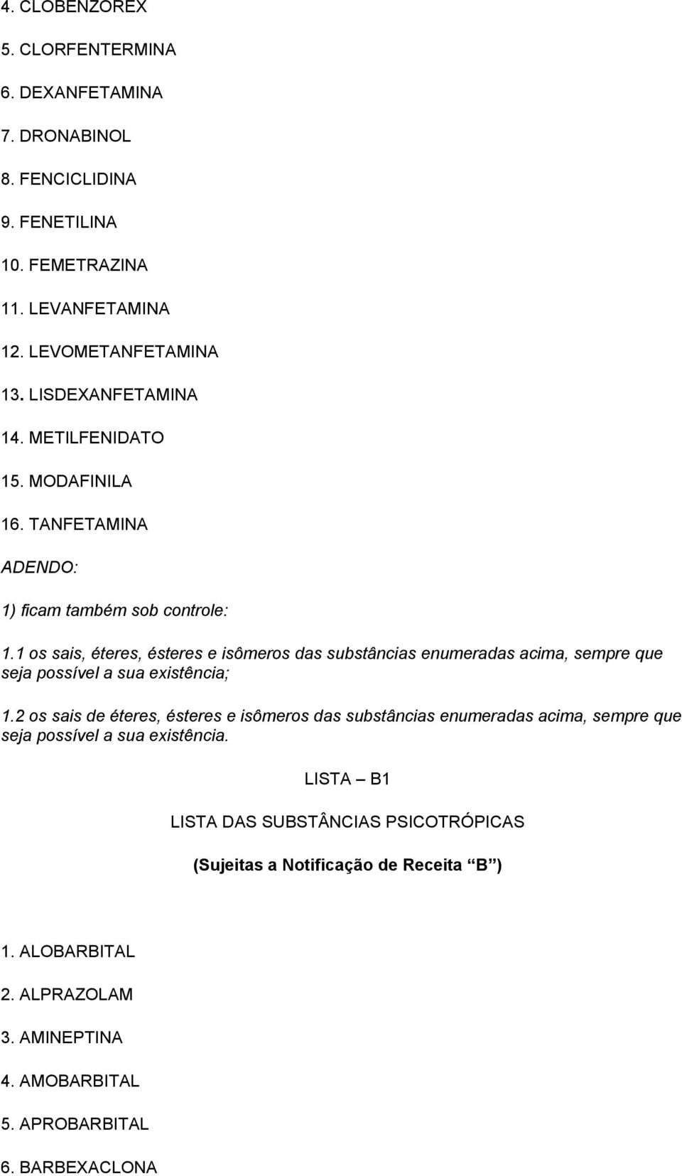 1 os sais, éteres, ésteres e isômeros das substâncias enumeradas acima, sempre que seja possível a sua existência; 1.