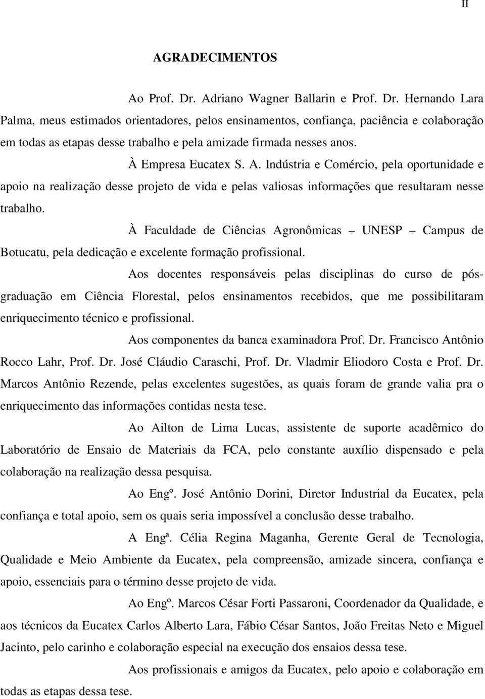 Hernando Lara Palma, meus estimados orientadores, pelos ensinamentos, confiança, paciência e colaboração em todas as etapas desse trabalho e pela amizade firmada nesses anos. À Empresa Eucatex S. A.