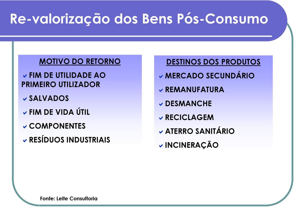 INDUSTRIAIS DESTINOS DOS PRODUTOS MERCADO SECUNDÁRIO REMANUFATURA