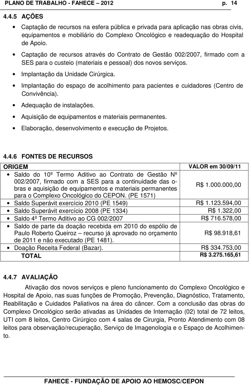 Implantação do espaço de acolhimento para pacientes e cuidadores (Centro de Convivência). Adequação de instalações. Aquisição de equipamentos e materiais permanentes.