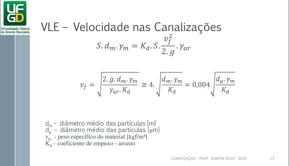 partículas [μm] γ m - peso específico do material [kgf/m³] K d coeficiente