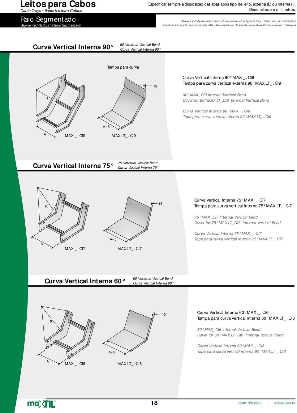 Dimensiones en milímetros. Curva Vertical Interna 90 90 Internal Vertical Bend Curva Vertical Interna 90 Tampa para curva 15 Curva Vertical Interna 90 MX _.