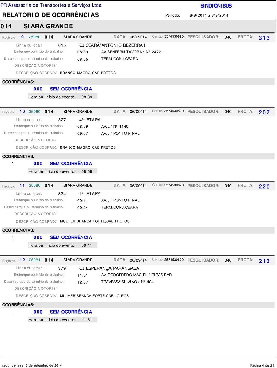 PRETOS início do evento: 08:39 Registro 10 25080 014 SIARÁ GRANDE DATA: 06/09/14 Cartão 3574530820 PESQUISADOR: 040 Linha ou local: 327 4ª ETAPA Embarque ou início do trabalho: 08:59 AV.