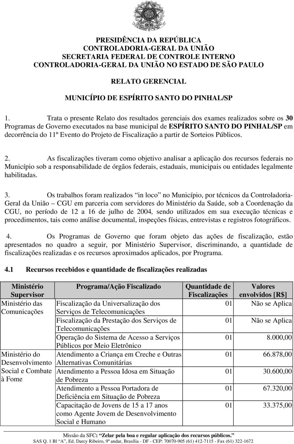 Trata o presente Relato dos resultados gerenciais dos exames realizados sobre os 30 Programas de Governo executados na base municipal de ESPÍRITO SANTO DO PINHAL/SP em decorrência do 11º Evento do