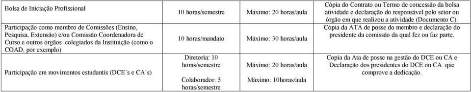 10horas/aula Cópia do Contrato ou Termo de concessão da bolsa atividade e declaração do responsável pelo setor ou órgão em que realizou a atividade Cópia da ATA de posse do