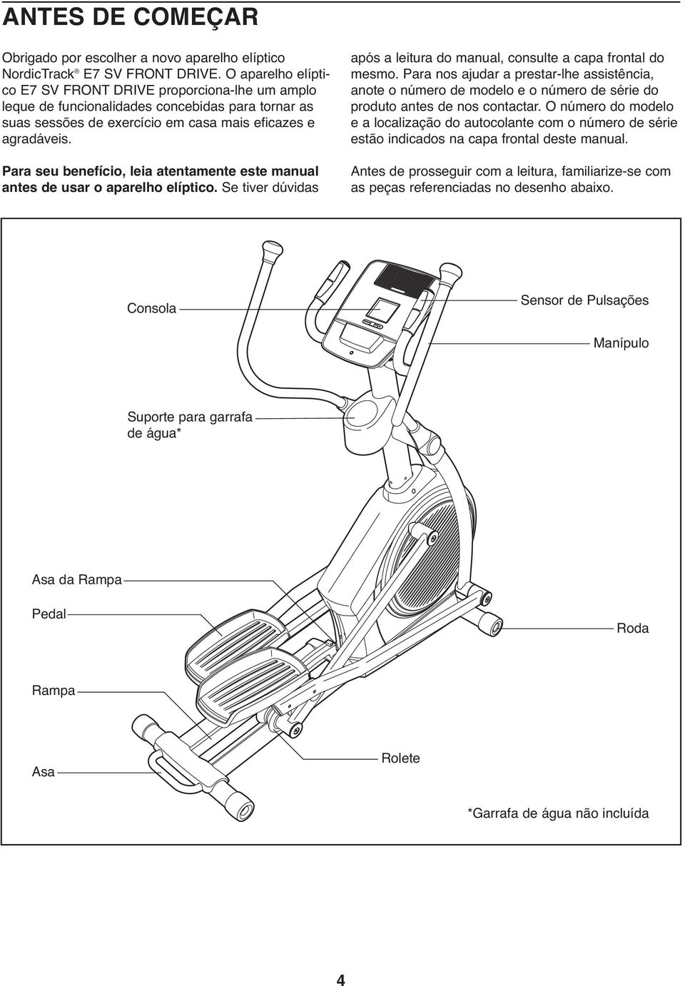 Para seu benefício, leia atentamente este manual antes de usar o aparelho elíptico. Se tiver dúvidas após a leitura do manual, consulte a capa frontal do mesmo.