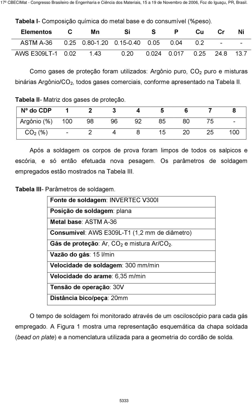 Tabela II- Matriz dos gases de proteção.