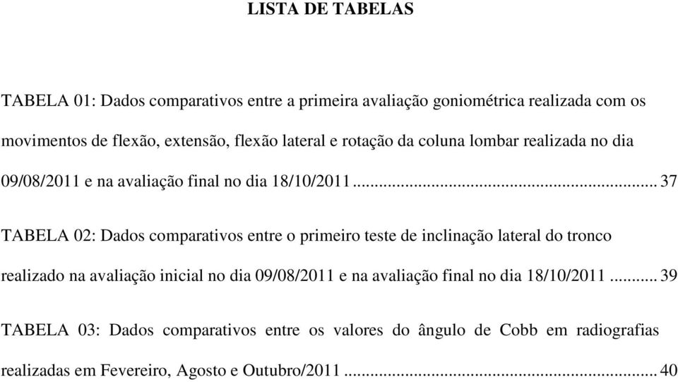 .. 37 TABELA 02: Dados comparativos entre o primeiro teste de inclinação lateral do tronco realizado na avaliação inicial no dia 09/08/2011