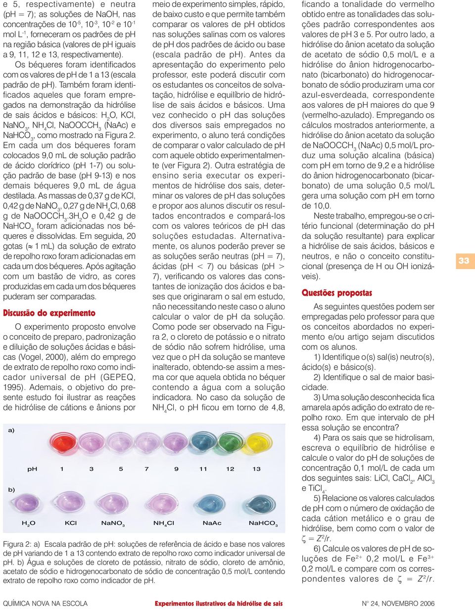 Também foram identificados aqueles que foram empregados na demonstração da hidrólise de sais e básicos: H 2 O KCl NaNO 3 Cl NaOOCCH 3 (NaAc) e NaHCO 3 como mostrado na Figura 2.