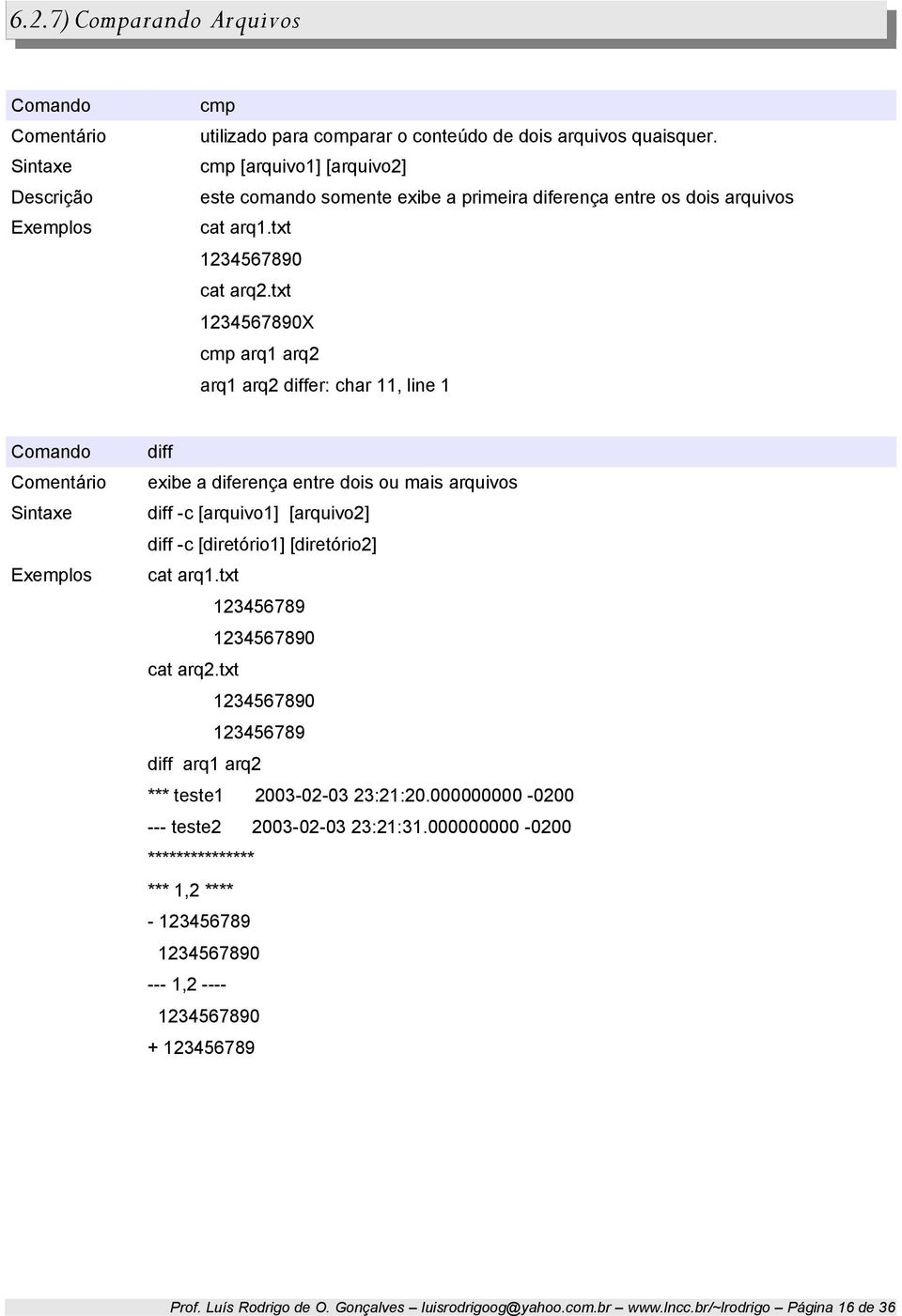 txt 1234567890X cmp arq1 arq2 arq1 arq2 differ: char 11, line 1 diff exibe a diferença entre dois ou mais arquivos diff -c [arquivo1] [arquivo2] diff -c [diretório1] [diretório2] cat arq1.