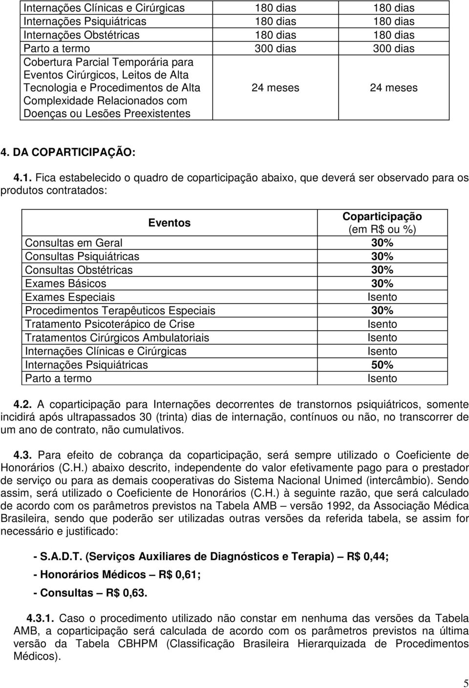 Fica estabelecido o quadro de coparticipação abaixo, que deverá ser observado para os produtos contratados: Eventos Coparticipação (em R$ ou %) Consultas em Geral 30% Consultas Psiquiátricas 30%