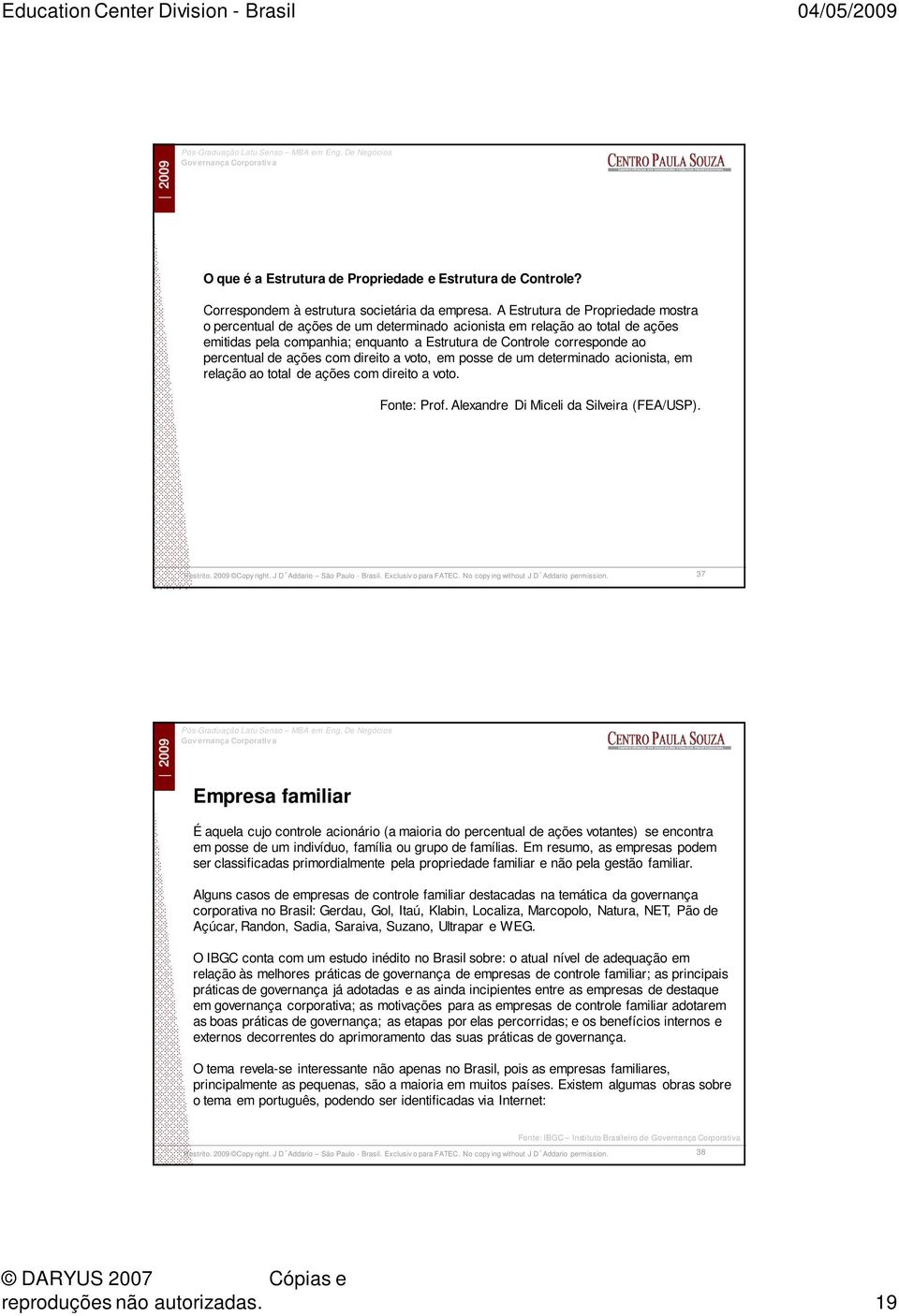 ações com direito a voto, em posse de um determinado acionista, em relação ao total de ações com direito a voto. Fonte: Prof. Alexandre Di Miceli da Silveira (FEA/USP).