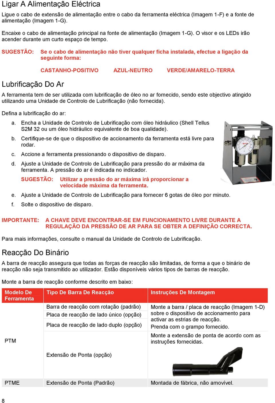 SUGESTÃO: Se o cabo de alimentação não tiver qualquer ficha instalada, efectue a ligação da seguinte forma: Lubrificação Do Ar CASTANHO-POSITIVO AZUL-NEUTRO VERDE/AMARELO-TERRA A ferramenta tem de