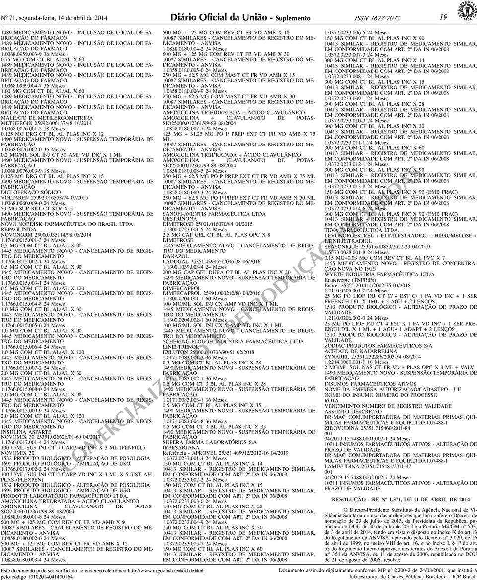 100680959004-7 36 Meses 1,00 MG COM CT BL AL/AL X 60 1489 MEDICAMENTO NOVO - INCLUSÃO DE LOCAL DE FA- BRICAÇÃO DO FÁRMACO 1489 MEDICAMENTO NOVO - INCLUSÃO DE LOCAL DE FA- BRICAÇÃO DO FÁRMACO MALEATO