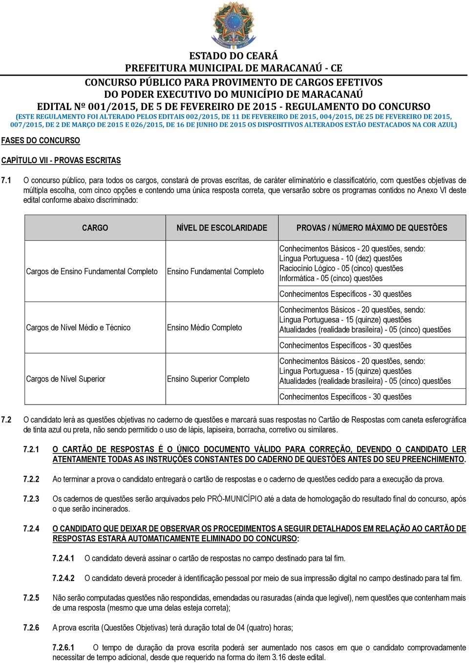 1 O concurso público, para todos os cargos, constará de provas escritas, de caráter eliminatório e classificatório, com questões objetivas de múltipla escolha, com cinco opções e contendo uma única