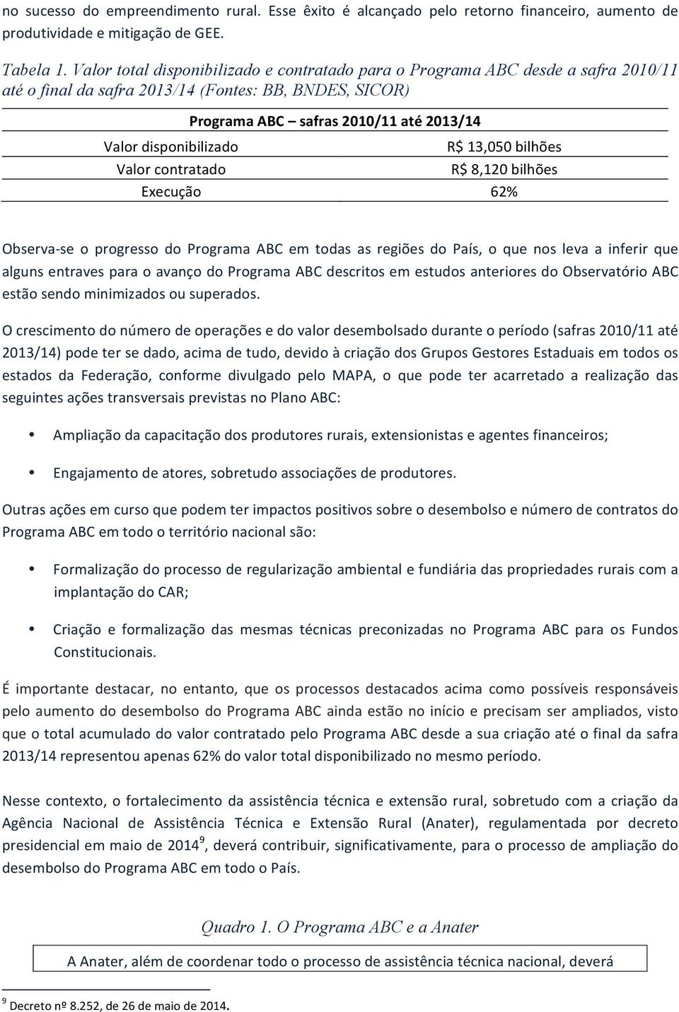 Valorcontratado Execução R$13,050bilhões R$8,120bilhões 62% ObservaSse o progresso do Programa ABC em todas as regiões do País, o que nos leva a inferir que