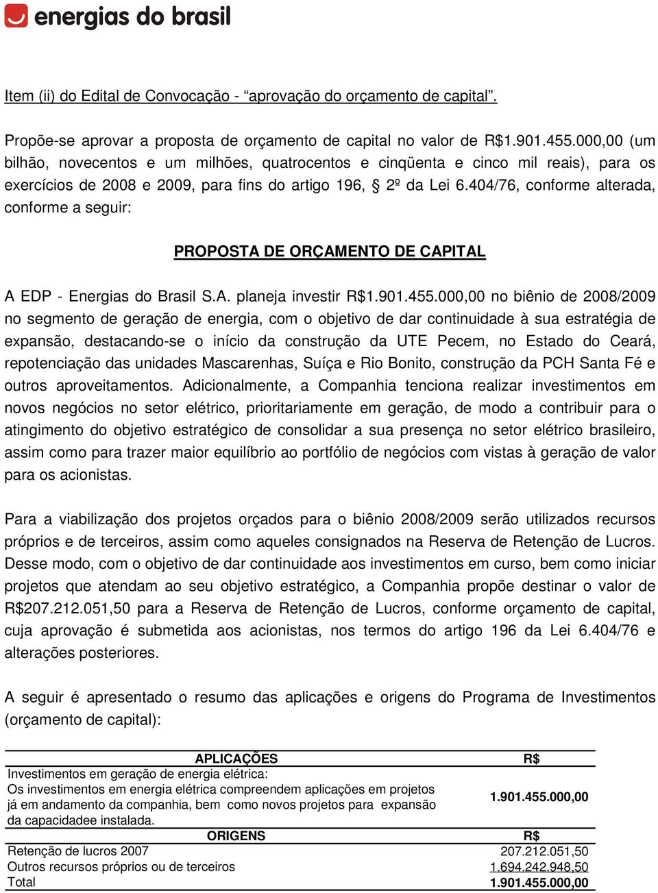 404/76, conforme alterada, conforme a seguir: PROPOSTA DE ORÇAMENTO DE CAPITAL A EDP - Energias do Brasil S.A. planeja investir R$1.901.455.