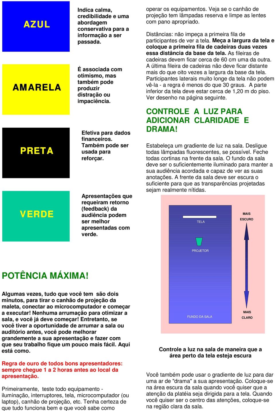 Veja se o canhão de projeção tem lâmpadas reserva e limpe as lentes com pano apropriado. Distâncias: não impeça a primeira fila de participantes de ver a tela.