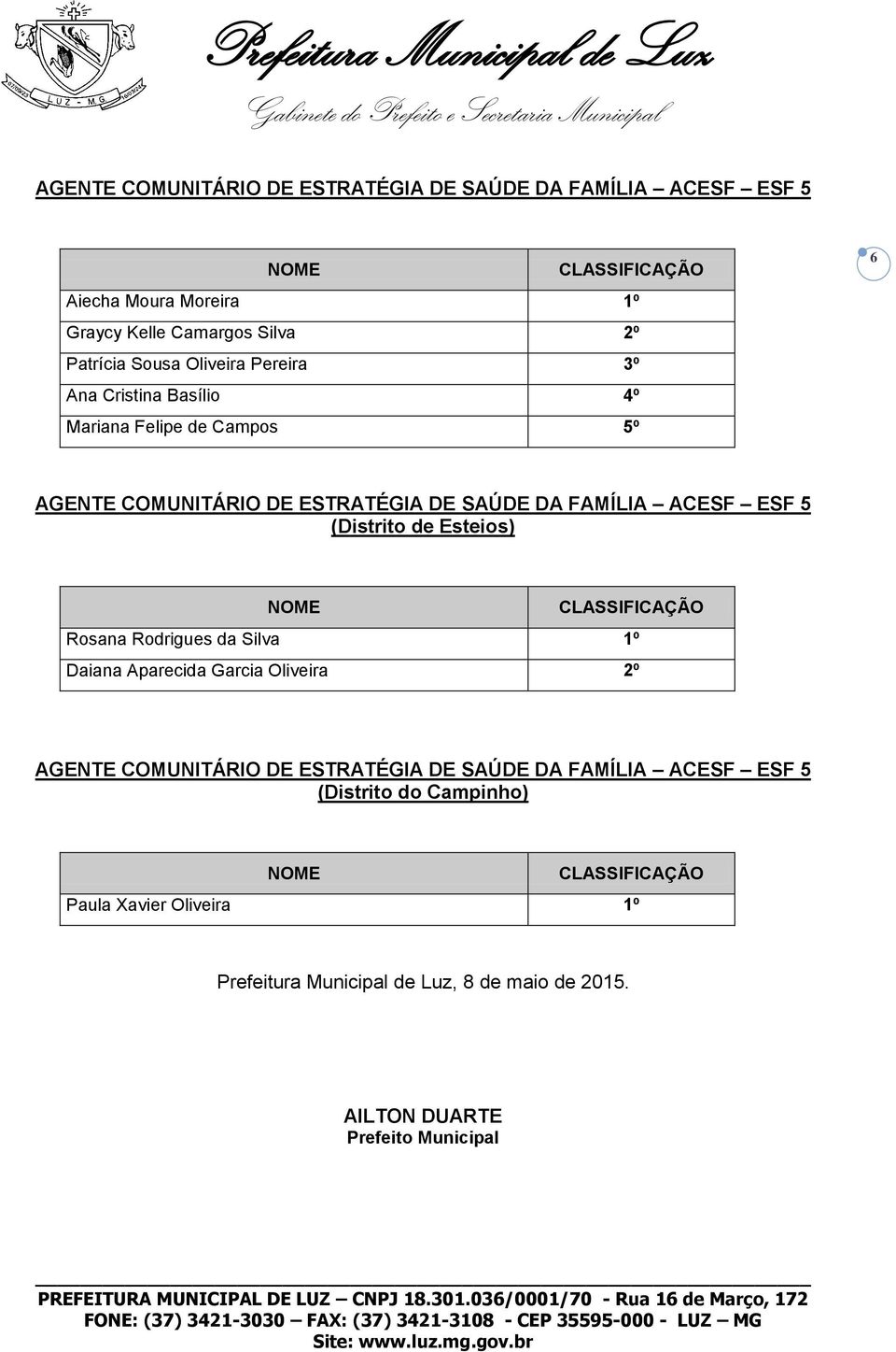 (Distrito de Esteios) Rosana Rodrigues da Silva 1º Daiana Aparecida Garcia Oliveira 2º AGENTE COMUNITÁRIO DE ESTRATÉGIA DE SAÚDE DA