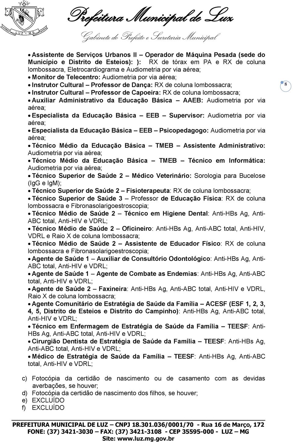 Administrativo da Educação Básica AAEB: Audiometria por via aérea; Especialista da Educação Básica EEB Supervisor: Audiometria por via aérea; Especialista da Educação Básica EEB Psicopedagogo: