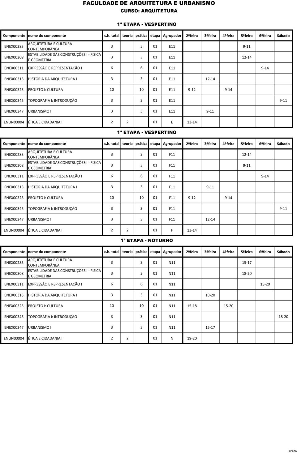 ENUN00004 ÉTICA E CIDADANIA I 2 2 01 E 13-14 ENEX00283 ARQUITETURA E CULTURA CONTEMPORÂNEA ENEX00308 ESTABILIDADE DAS CONSTRUÇÕES I - FISICA E GEOMETRIA 3 3 01 F11 12-14 3 3 01 F11 9-11 ENEX00311