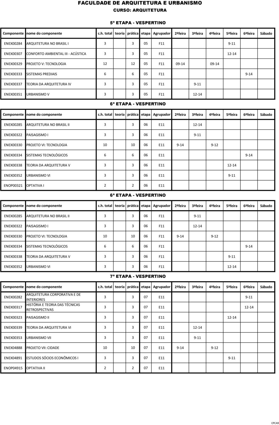 ENEX00330 PROJETO VI: TECNOLOGIA 10 10 06 E11 9-14 9-12 ENEX00334 SISTEMAS TECNOLÓGICOS 6 6 06 E11 9-14 ENEX00338 TEORIA DA ARQUITETURA V 3 3 06 E11 12-14 ENEX00352 URBANISMO VI 3 3 06 E11 9-11
