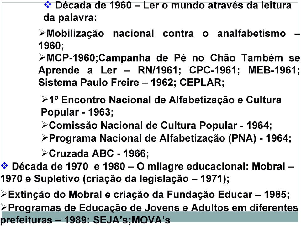 Popular - 1964; Programa Nacional de Alfabetização (PNA) - 1964; Cruzada ABC - 1966; Década de 1970 e 1980 O milagre educacional: Mobral 1970 e Supletivo