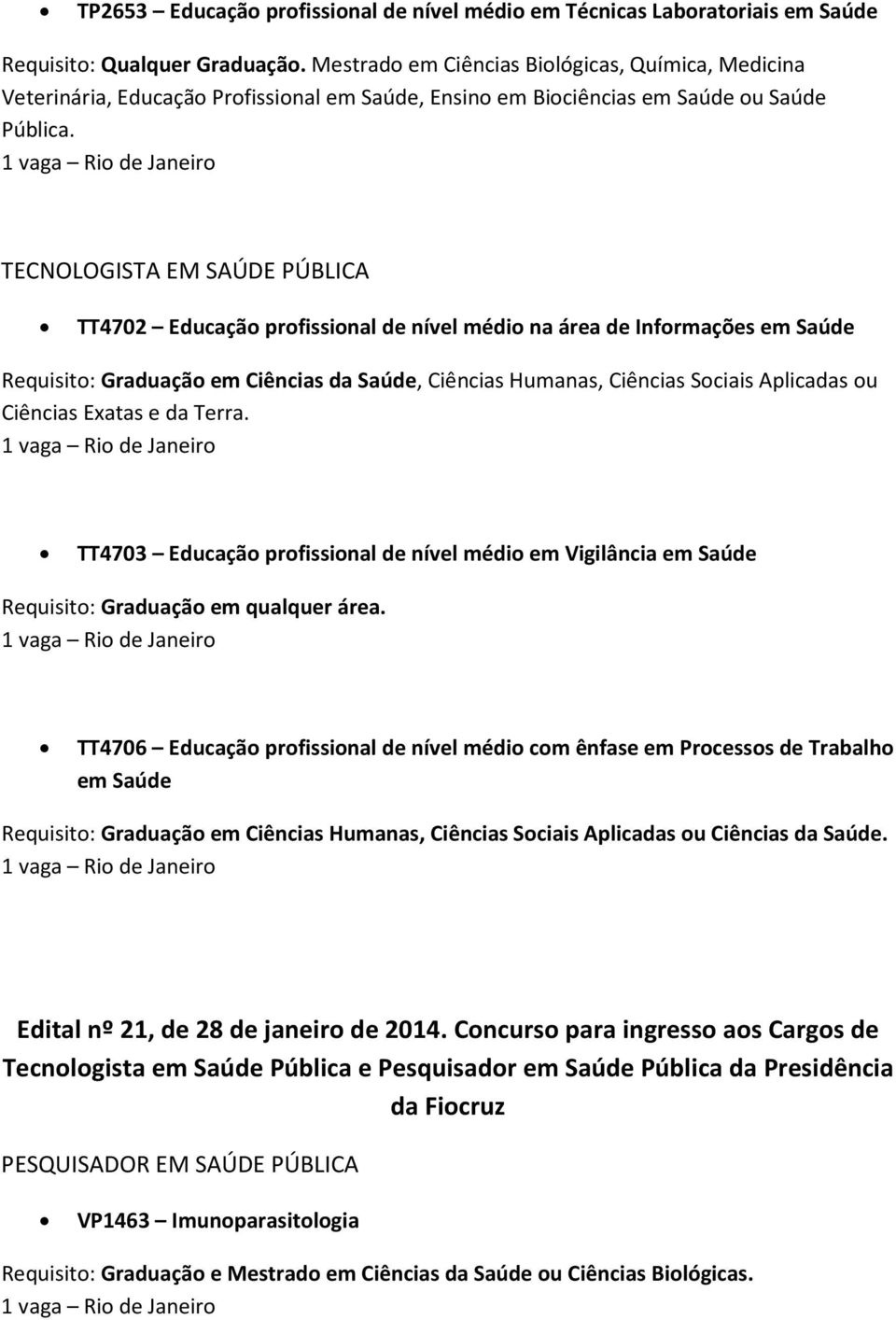 TECNOLOGISTA EM SAÚDE PÚBLICA TT4702 Educação profissional de nível médio na área de Informações em Saúde Requisito: Graduação em Ciências da Saúde, Ciências Humanas, Ciências Sociais Aplicadas ou