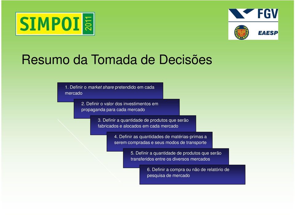 Definir a quantidade de produtos que serão fabricados e alocados em cada mercado 4.