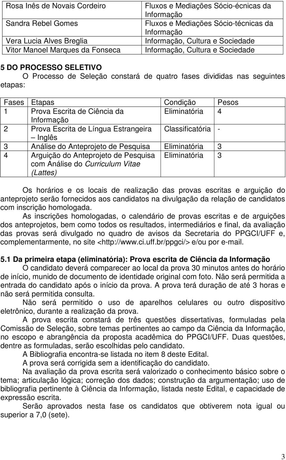 Classificatória - Inglês 3 Análise do Anteprojeto de Pesquisa Eliminatória 3 4 Arguição do Anteprojeto de Pesquisa com Análise do Curriculum Vitae (Lattes) Eliminatória 3 Os horários e os locais de