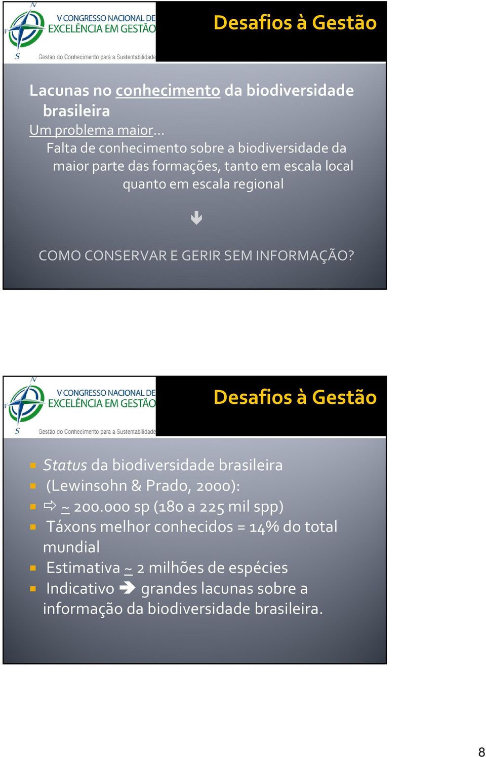 CONSERVAR E GERIR SEM INFORMAÇÃO? Desafios à Gestão Status da biodiversidade brasileira (Lewinsohn& Prado, 2000): ~200.