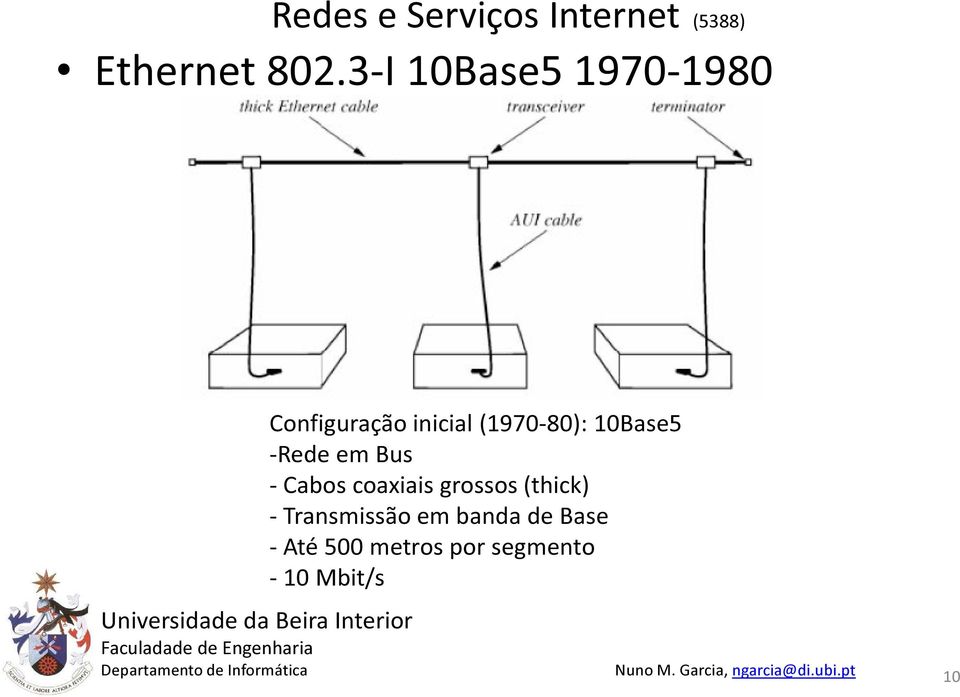 (1970-80): 10Base5 -Rede em Bus - Cabos coaxiais