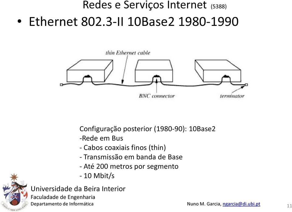 (1980-90): 10Base2 -Rede em Bus - Cabos coaxiais
