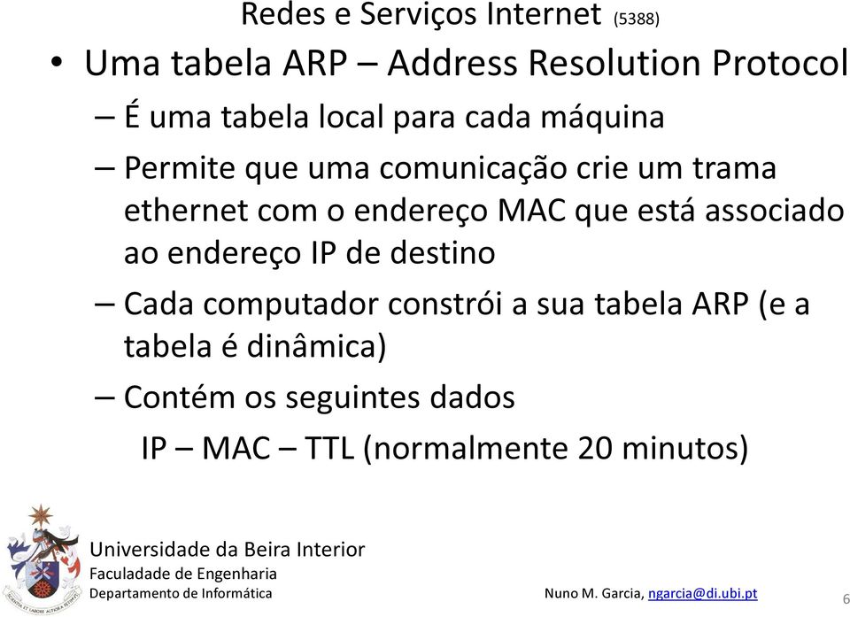 associado ao endereço IP de destino Cada computador constrói a sua tabela ARP (e