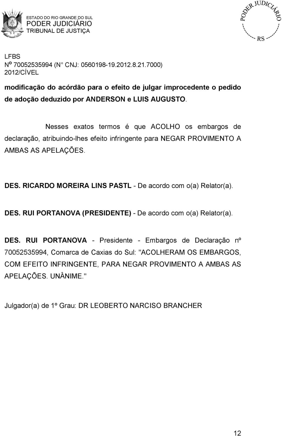 RICARDO MOREIRA LINS PASTL - De acordo com o(a) Relator(a). DES.