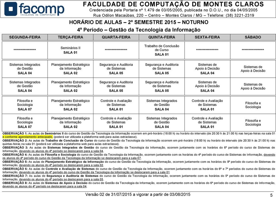 OBSERVAÇÃO 2: As aulas de de Curso do curso da Tecnologia ocorrem em pré-horário (18:00 h) ou horário do intervalo (de 20:30 h às 21:00 h) nas quintas-feiras na sala 01 (poderá ser utilizada a