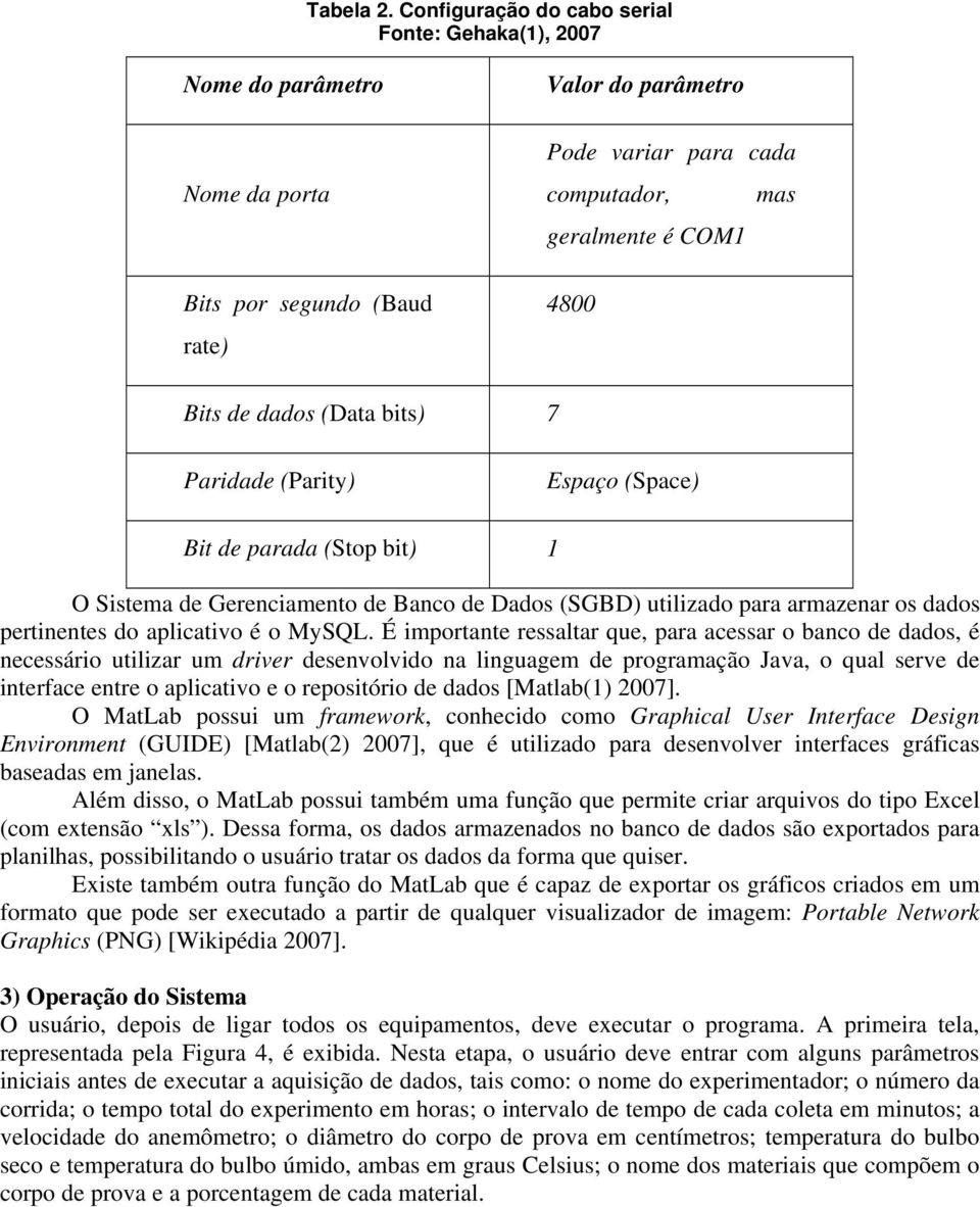 dados (Data bits) 7 Paridade (Parity) Espaço (Space) Bit de parada (Stop bit) 1 O Sistema de Gerenciamento de Banco de Dados (SGBD) utilizado para armazenar os dados pertinentes do aplicativo é o