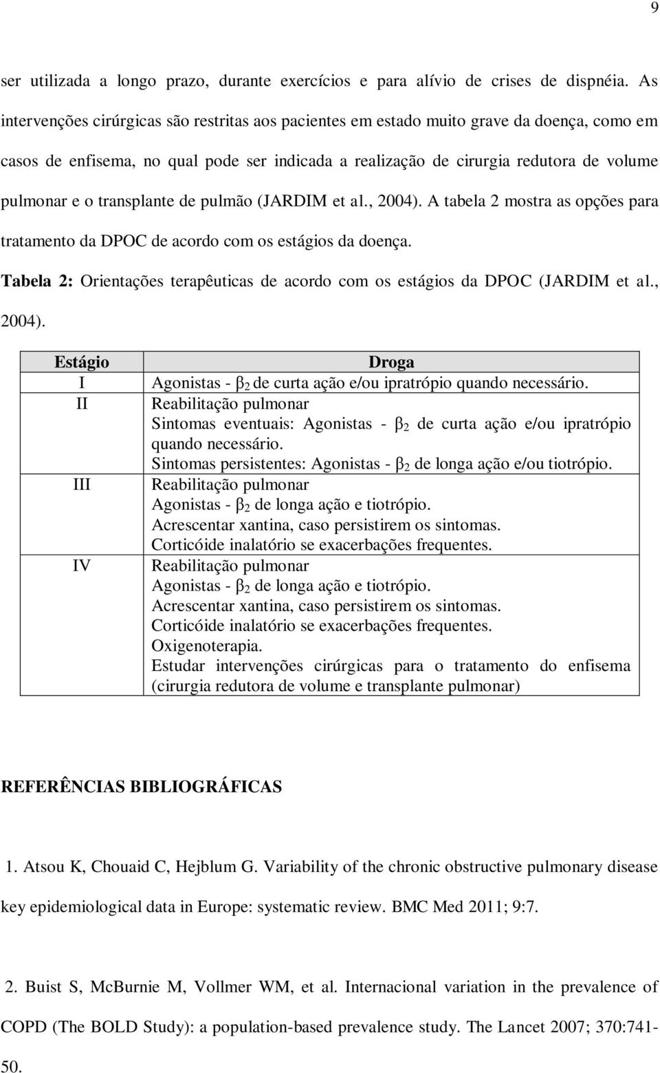 transplante de pulmão (JARDIM et al., 2004). A tabela 2 mostra as opções para tratamento da DPOC de acordo com os estágios da doença.