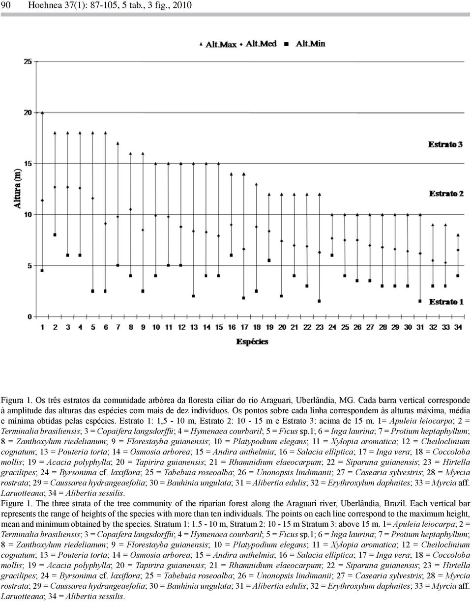 Estrato 1: 1,5-10 m, Estrato 2: 10-15 m e Estrato 3: acima de 15 m. 1= Apuleia leiocarpa; 2 = Terminalia brasiliensis; 3 = Copaifera langsdorffii; 4 = Hymenaea courbaril; 5 = Ficus sp.