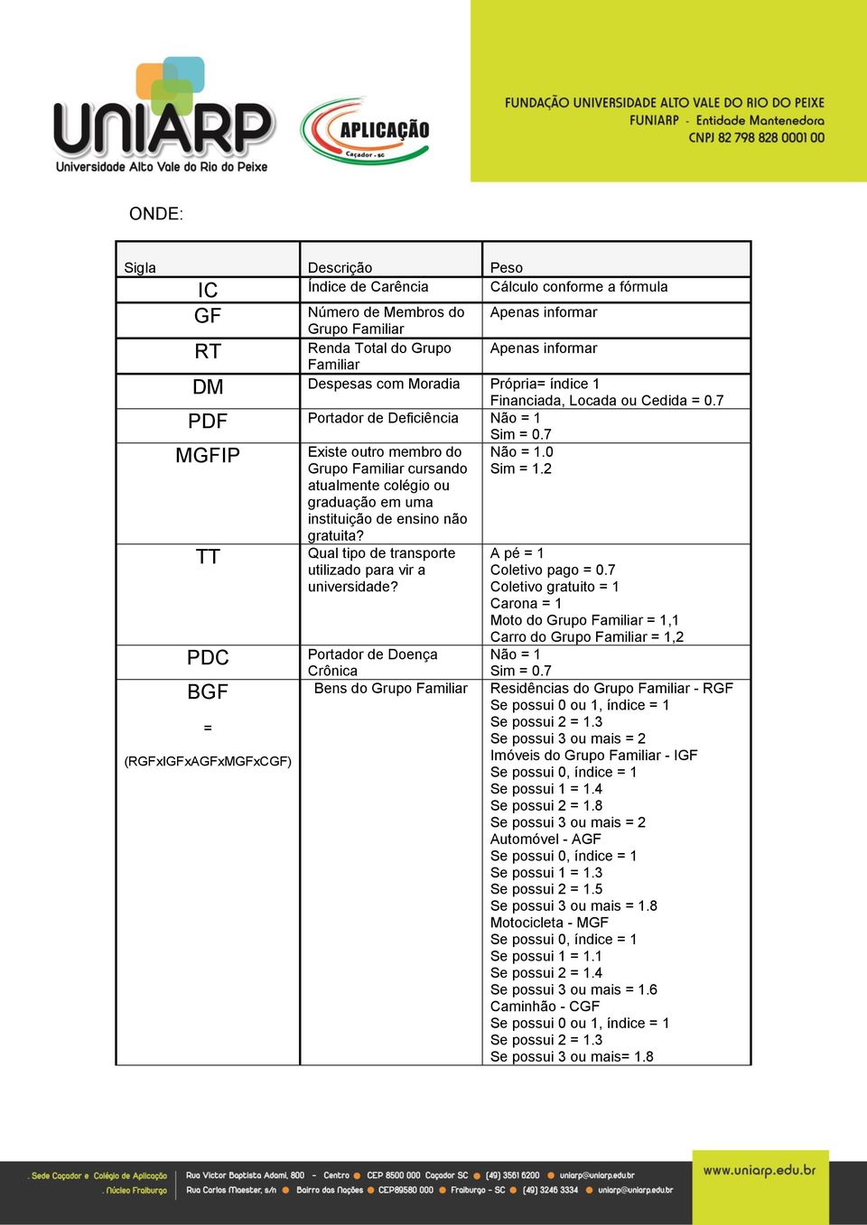 7 PDF Portador de Deficiência Não = 1 MGFIP TT PDC BGF = (RGFxIGFxAGFxMGFxCGF) Existe outro membro do Grupo Familiar cursando atualmente colégio ou graduação em uma instituição de ensino não gratuita?