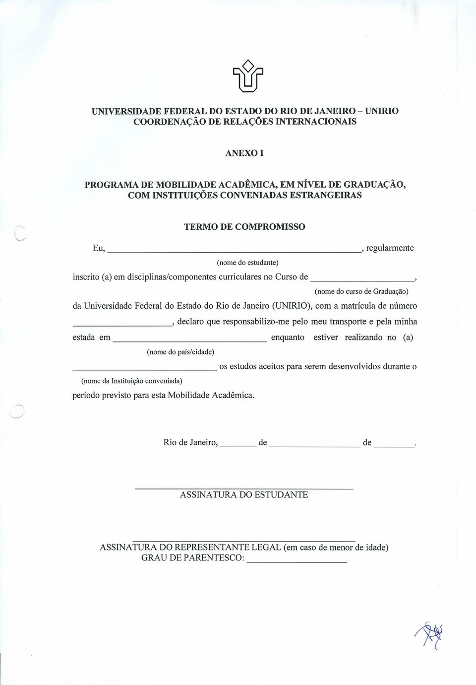 Estado do Rio de Janeiro (UNIRIO), com a matrícula de número, declaro que responsabilizo-me pelo meu transporte e pela minha estada em enquanto estiver realizando no (a) (nome do país/cidade)