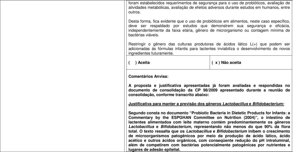 gênero de microrganismo ou contagem mínima de bactérias viáveis.