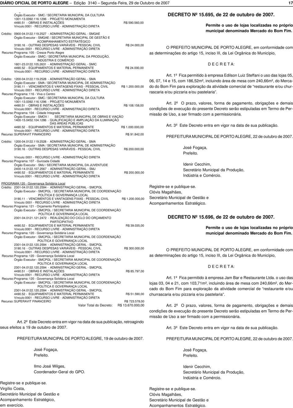 6 OUTRAS DESPESAS VARIÁVEIS PESSOAL CIVIL R$ 24.000,00 Recurso:Programa: 05 Cresce Porto Alegre Órgão Executor SMIC / SECRETARIA MUNICIPAL DA PRODUÇÃO, INDÚSTRIA E COMÉRCIO 6023.022.05.263 ADMINISTRAÇÃO GERAL SMIC 4490.